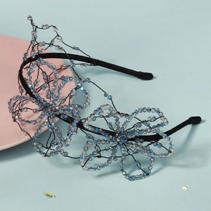 Handmade Beaded Crystal Flower Headband For Women Elegant Bridal Wedding Party Hair Accessories Light Blue Phantom Headwear