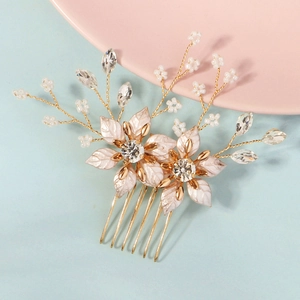 Handmade Bridal Hair Comb Gold Alloy Metal Flower Rhinestone Artificial Pearl Beaded Wedding Banquet Headpiece Vintage Accessories For Women