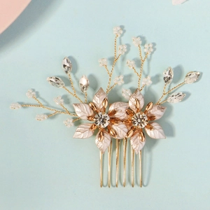 Exquisite bridal hair comb with white enamel flowers and beaded crystals on gold pins