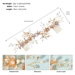 Détails du peigne de mariée avec perles, cristaux et pétales roses, longueur 26cm