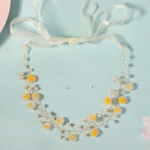 Serre-tête de Mariage Fait Main Fleurs et Künstliche Perles Fleur en Acrylique Jaune Fil Doré Coiffe Pour Mariage Fête Femme Accessoires
