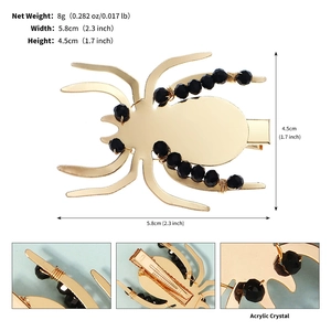 Détails de la pince à cheveux araignée dorée avec perles noires et dimensions