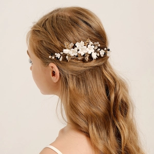 Peigne à Cheveux de Mariée en Céramique Fait Main Fleur Or Feuille de Métal Künstliche Perle Cristal Accessoire Cheveux Mariage Femme