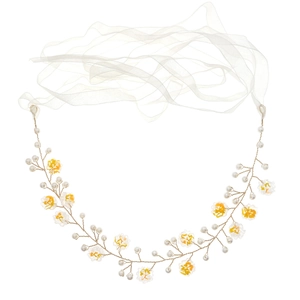 Serre-tête élégant à fleurs en acrylique jaune avec perles et longs rubans pour mariée