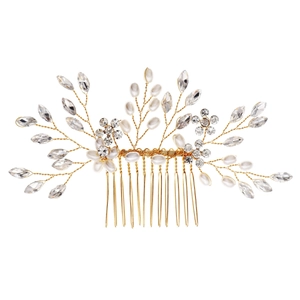 French vintage wedding hair comb with pearls and rhinestones on gold branch design