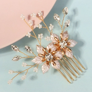 Golden bridal hair comb with pink enamel leaves, crystals and handmade beads floral design