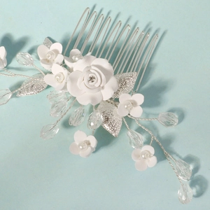 Handmade bridal hair comb with white roses, crystal beads and silver metal leaves