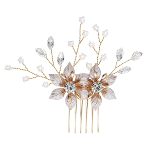 Handmade bridal flower hair comb with pink petals and crystal beads on gold wire base