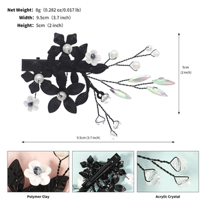 Détails des dimensions et pince à cheveux fleur noire en argile avec perles blanches