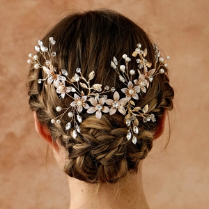 Peigne à Cheveux Mariée Artisanal Élégant Fleurs Avec Künstliche Perles Strass Fil de Fer Doré Bijoux de Cheveux pour Mariage Fête Femme