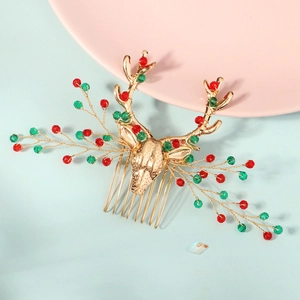 Peigne à cheveux cerf doré avec cristaux rouges et verts pour coiffure de Noël