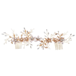 Set de peignes à cheveux de mariage faits main avec fleurs dorées, perles et strass