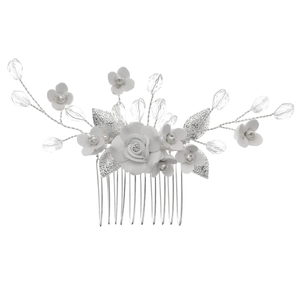 Elegant bridal hair comb with handmade white clay flowers and sparkling crystal beads