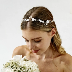 Bandeau de Mariée Fait à la Main Fleurs en Pâte Polymère Blanche Künstliche Perles Cristaux Fil Métallique Or Ruban Style Forêt Romantique Bijoux de Tête Femme