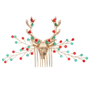 Christmas reindeer hair comb with red and green beads on gold alloy elk horn accessory