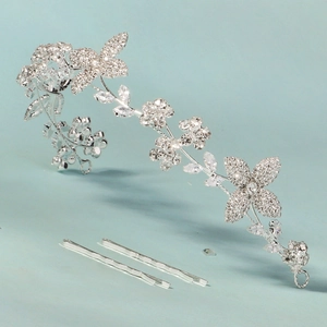 Set di viti per capelli da sposa con fiori di strass e fermagli a farfalla in argento