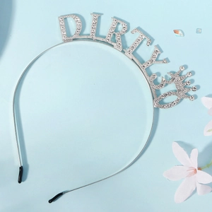 Silver Dirty 30 rhinestone birthday headband with crown on light blue background