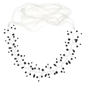 Handmade black crystal bridal headband with silver wire branches and white chiffon ribbons