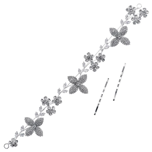 Serre-tête de mariée floral en argent avec feuilles en strass et zircons marquises