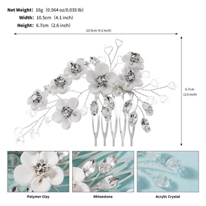 Detail of bridal hair comb with polymer clay flowers, rhinestones, and acrylic crystals
