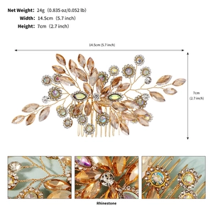 Detailed close-up of handmade bridal hair comb with amber rhinestones and gold wire