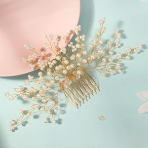 Elegant Handmade Bridal Hair Comb Gold Tone Copper Wire Imitation Artificial Pearl Crystal Floral Wedding Headpiece Accessory For Women