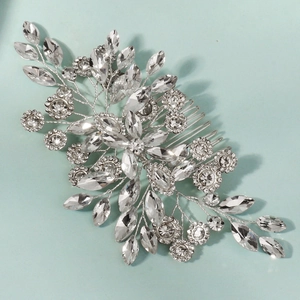 Exquisite silver bridal hair comb with rhinestone flowers and leaves for wedding styling