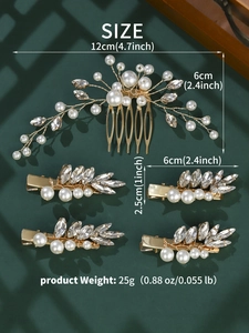 Detailed size view of bridal hair pin set with golden metal and white pearls