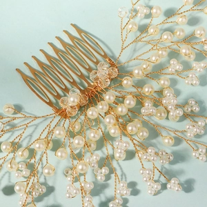 Elegant gold bridal hair comb with handmade white pearls and crystal clusters