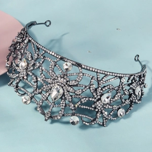 Gothic gunmetal spider queen tiara with clear crystals and floral patterns