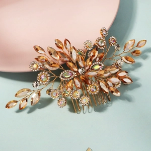 Handmade floral bridal hair comb with amber crystals and rhinestones for wedding styling