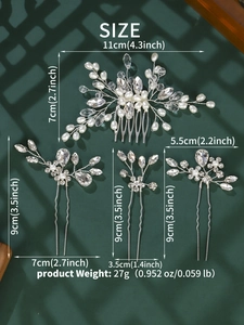 Detailed dimensions of bridal hair comb set with silver wire and white pearls