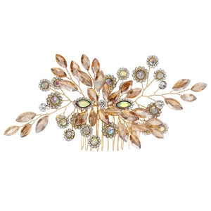 Handmade bridal hair comb with gold floral wire, amber rhinestones and sparkling crystals