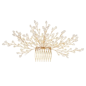 Elegant gold bridal hair comb with handmade pearls and crystals for wedding hairstyles
