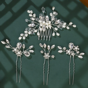 Handmade bridal hair comb and pins set with white pearls and crystals on silver wire