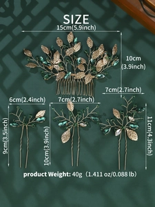 Detailed four-piece gold bridal hair comb and pins set with green crystals and leaf motifs