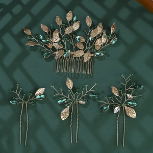Traditional Chinese bridal hair accessories set with emerald crystals and golden leaves