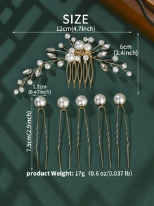 Detailed size specifications for handmade gold floral bridal hair comb and pearl hair pins
