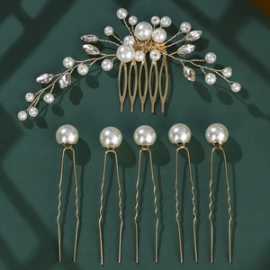 Vintage Handmade Bridal Hair Comb And Hair Pins Set Alloy Rhinestone Imitation Artificial Pearl Crystal Wedding Headpiece For Women