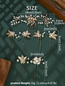 Detailed size specifications for handmade gold bridal hair comb set with pearls and leaves
