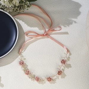 Handmade bridal floral headband with dusty pink resin roses and white pearls on gold wire