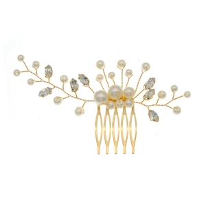 Elegant gold bridal hair comb with handmade pearls and crystal branches for weddings