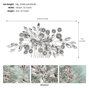 Detailed view of bridal hair comb with silver rhinestones and leaf pattern design