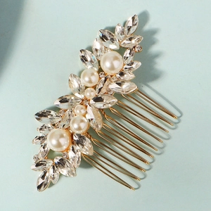 Elegant bridal hair comb with gold floral branches, white pearls and marquise rhinestones
