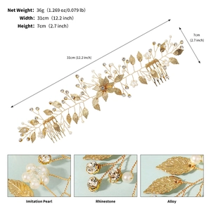 Vue détaillée du peigne de mariée fait main en or avec feuilles de strass et dimensions