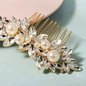 Elegant bridal hair comb with marquise rhinestones and pearls on gold-toned metal base