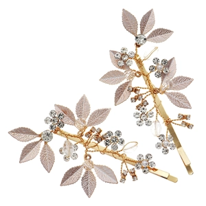 Handmade bridal hair clips with purple leaves, golden alloy branches and sparkling crystals
