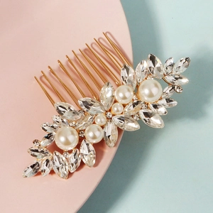 Luxury Alloy Flower Leaf Bridal Hair Comb With Marquise Rhinestone Imitation Artificial Pearl Wedding Party Women Hair Jewelry
