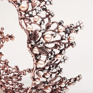 Baroque bridal crown with vintage bronze finish, intricate leaf design and faux pearls