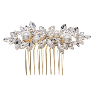 Elegant bridal hair comb with rhinestones and white pearls on a 10-tooth gold metal base